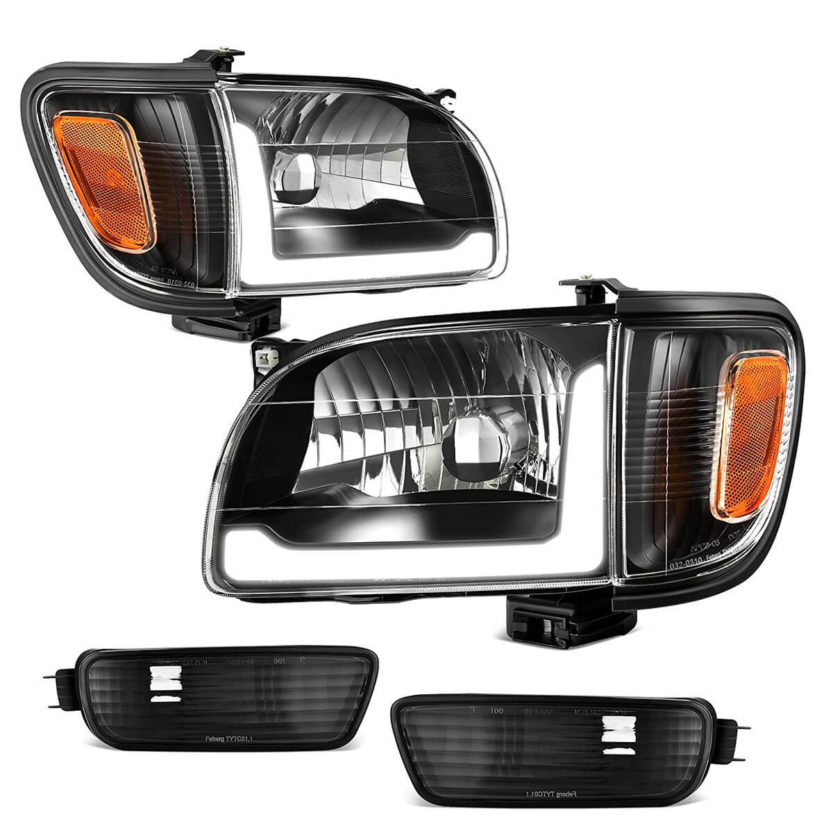 YITAMOTOR LED DRL headlight assembly for 2001-2004 Toyota Tacoma Pickup with black housing and bumper lights