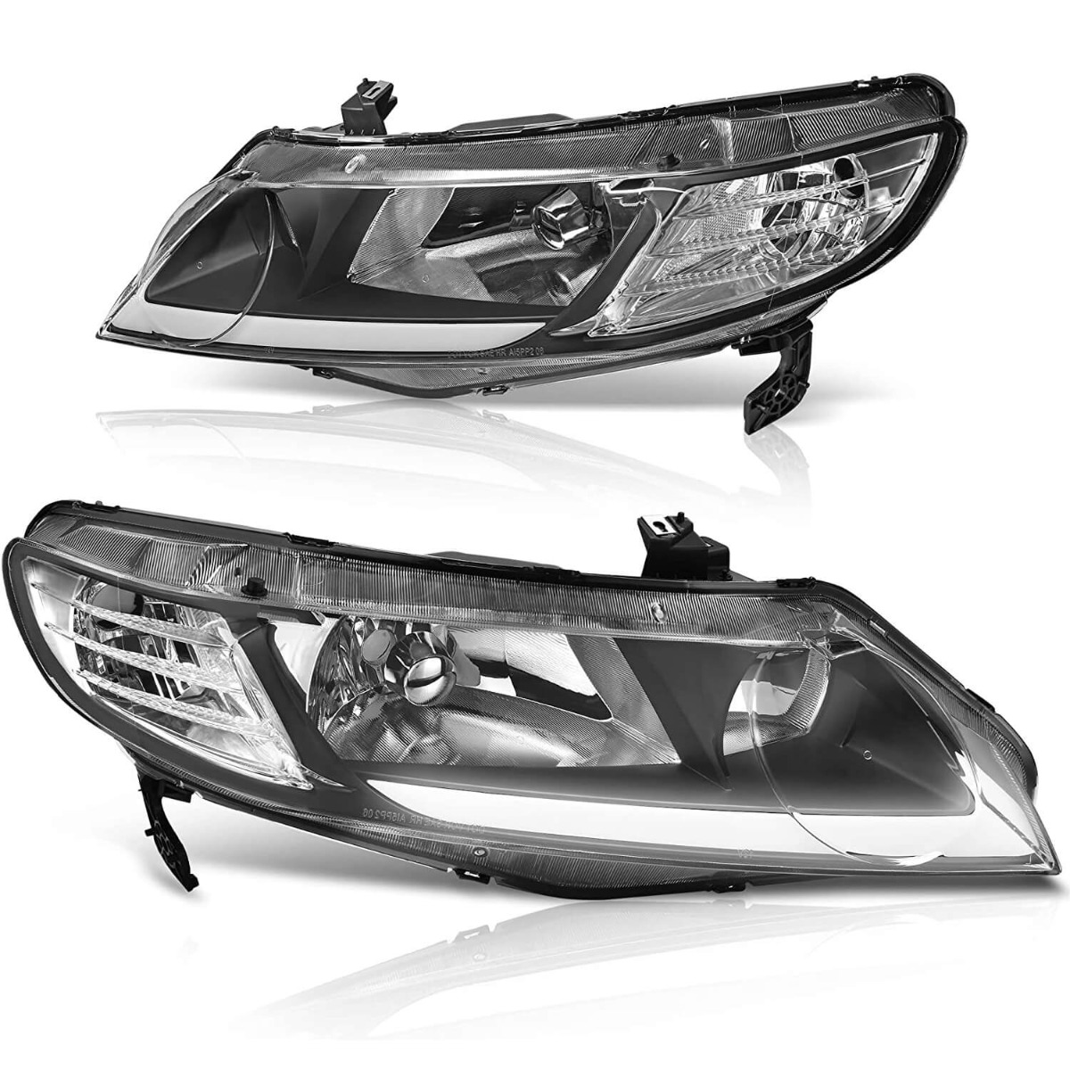 YITAMOTOR LED DRL headlight assembly for 2006-2011 Civic Sedan 4-door, replacement pair with daytime running lights in black housing and clear reflector