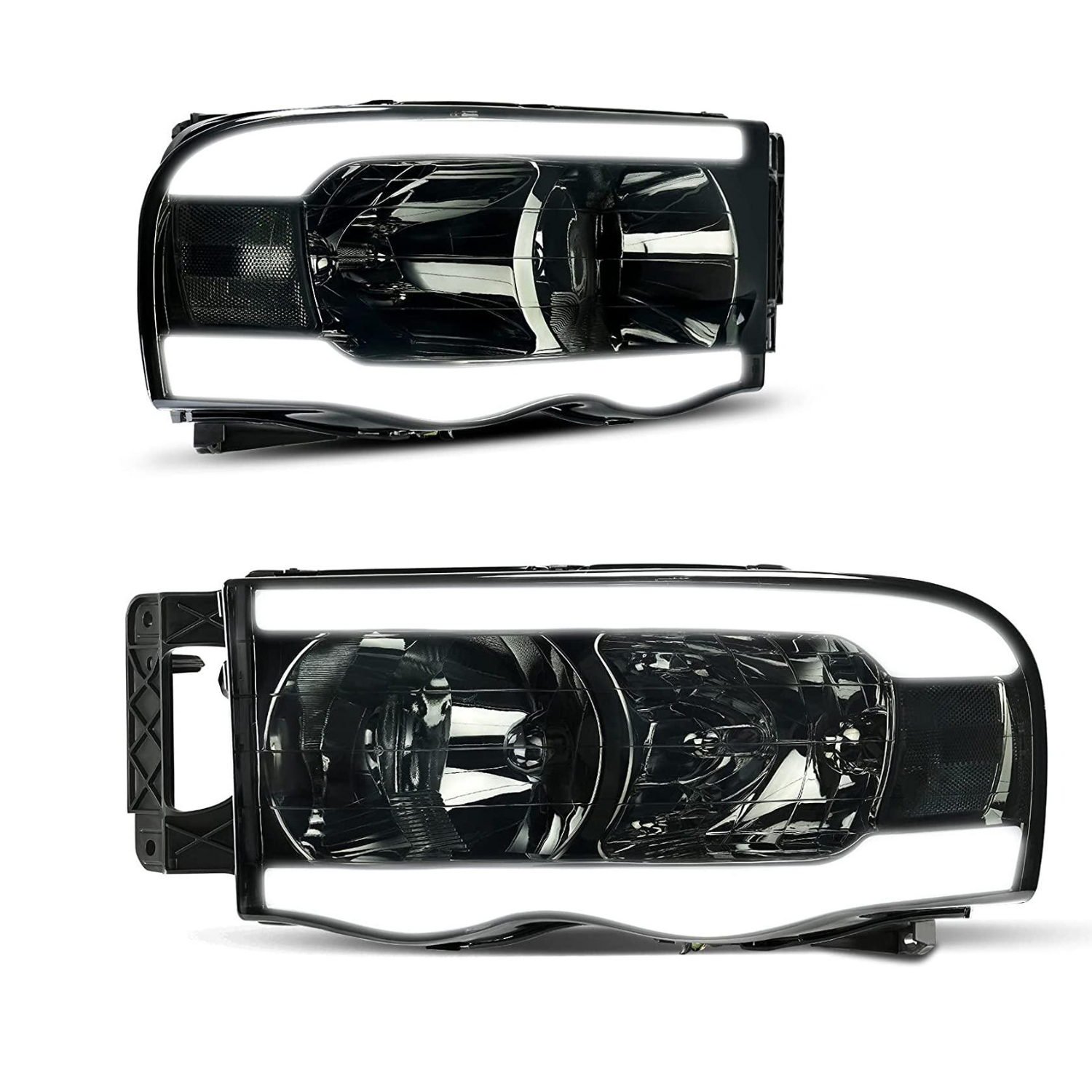 YITAMOTOR LED Tube Headlight Assembly for 2002-2005 Dodge Ram 1500 and 2003-2500/3500 models, smoke lens replacement pair