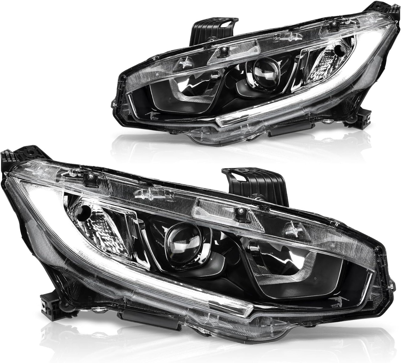 YITAMOTOR projector headlight assembly with DRLs, compatible with 2016-2021 Honda Civic, replacement pair in black housing