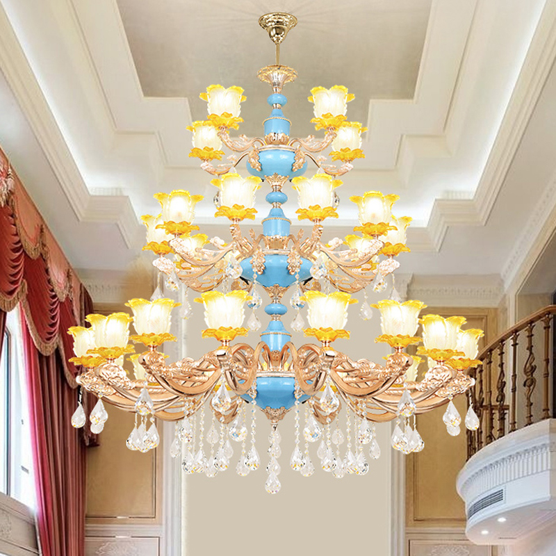 Zinc alloy 30-head LED crystal chandelier for villas, staircases, hotels, featuring a three-tiered engineering pendant design